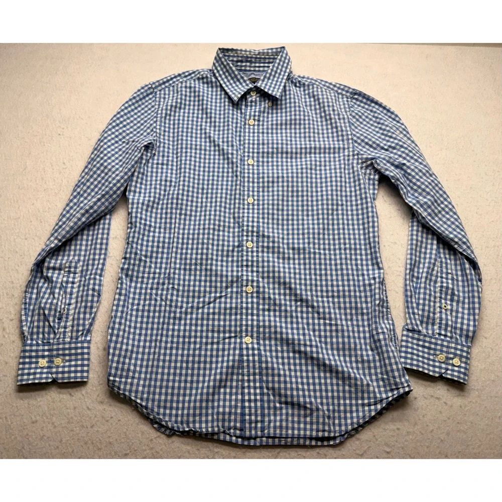 Banana Republic Mens Tailored Slim Fit Soft Wash Gingham Shirt Blue White Medium